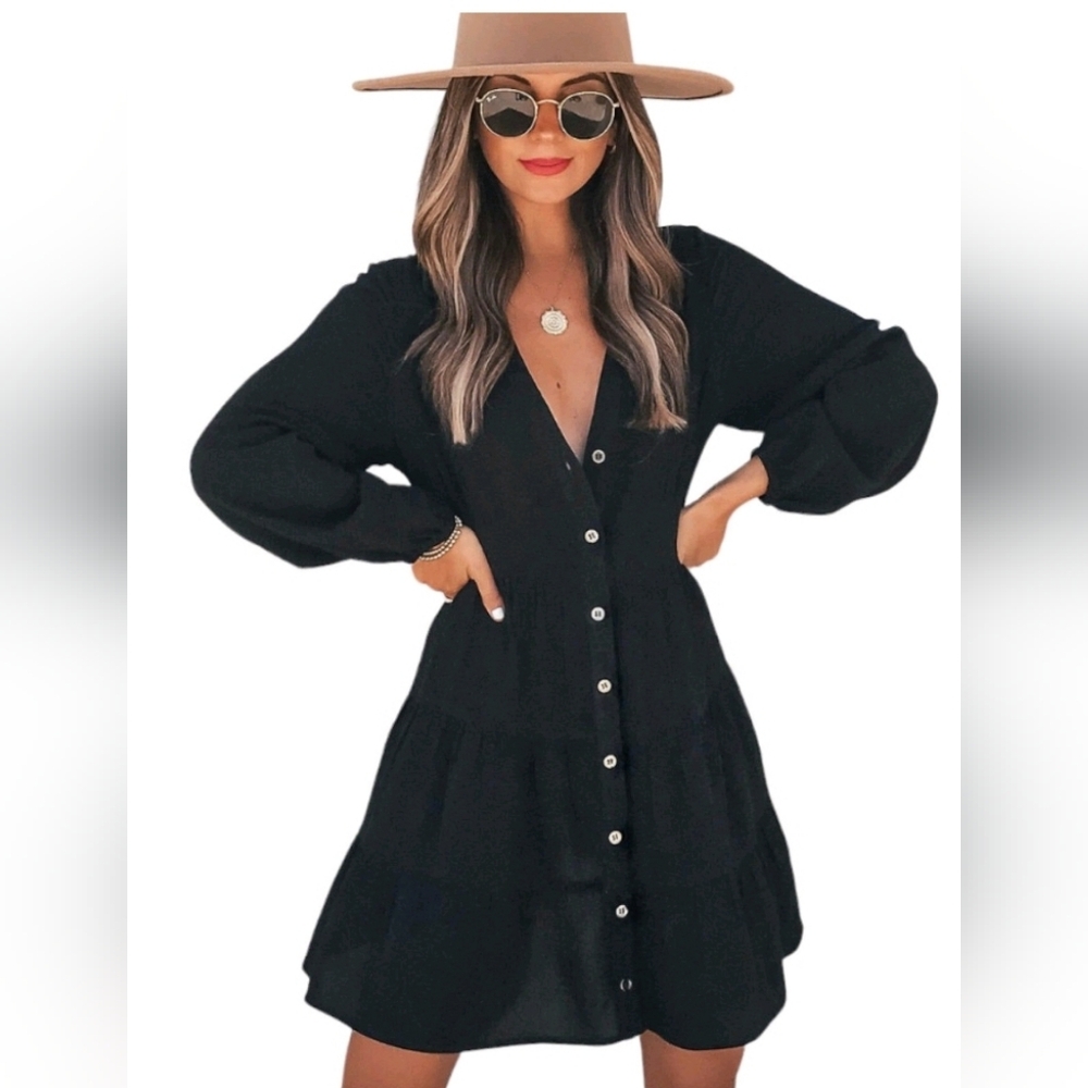 New with tags! Amaryllis Womens Small black button down long sleeve mini dress